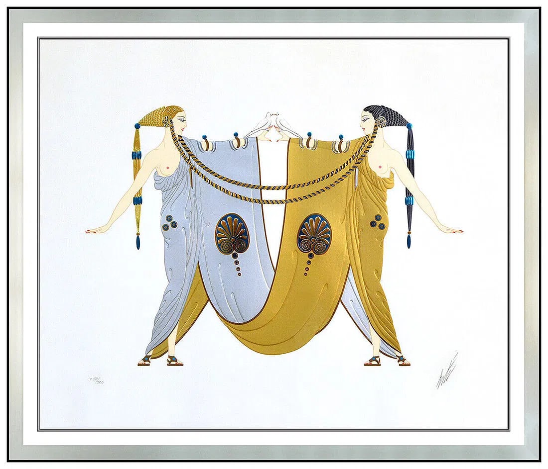 Erte Signed Original Sisters Embossed Serigraph Deco Costume: This lot includes:Gallery COA & in-houseshipping (*insurance and international shipping for an additional charge)Artist: ErteTitle: SistersMedium: SerigraphSize: 23" x 27"Framed: 37" x 41"Signed: lowe