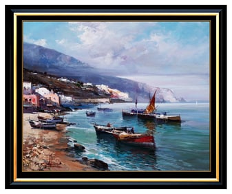 Claudio Simonetti Original Oil Painting on Canvas Signed Italian Fishing Harbor Artwork