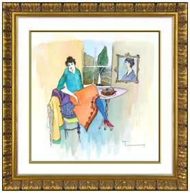 Itzchak Tarkay Original Watercolor Painting Signed Female Woman Portrait Framed Artwork
