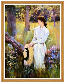 An He Large Original Oil Painting on Canvas Signed Hans Amis Female Portrait Flower Artwork