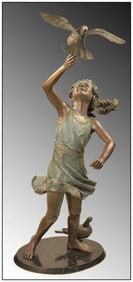 Jerry Joslin Large Full Round Bronze Sculpture Signed Girls Child Friends Bird Artwork