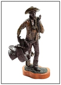 Daro Flood Original Full Round Western Bronze Sculpture The Mustanger Cowboy Horse Art