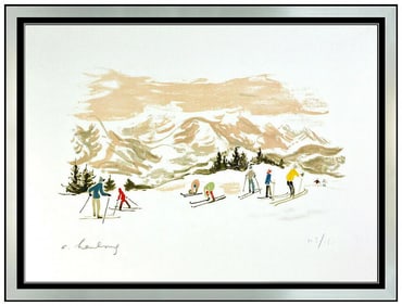 Andre Hambourg Les Skiers Large Original Color Lithograph Hand Signed Framed Artwork