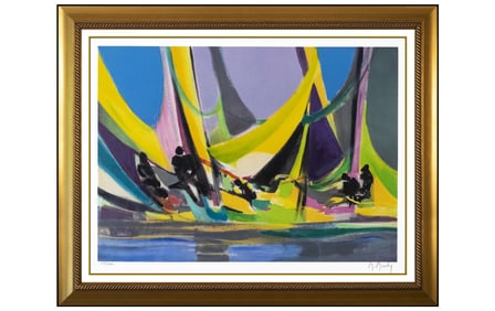Marcel Mouly Large Color Lithograph Hand Signed Harbor Marine Cubism Framed Artwork