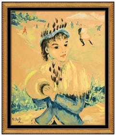 Francois Gall Original Gouache Watercolor Painting Signed Lady Portrait Framed Artwork