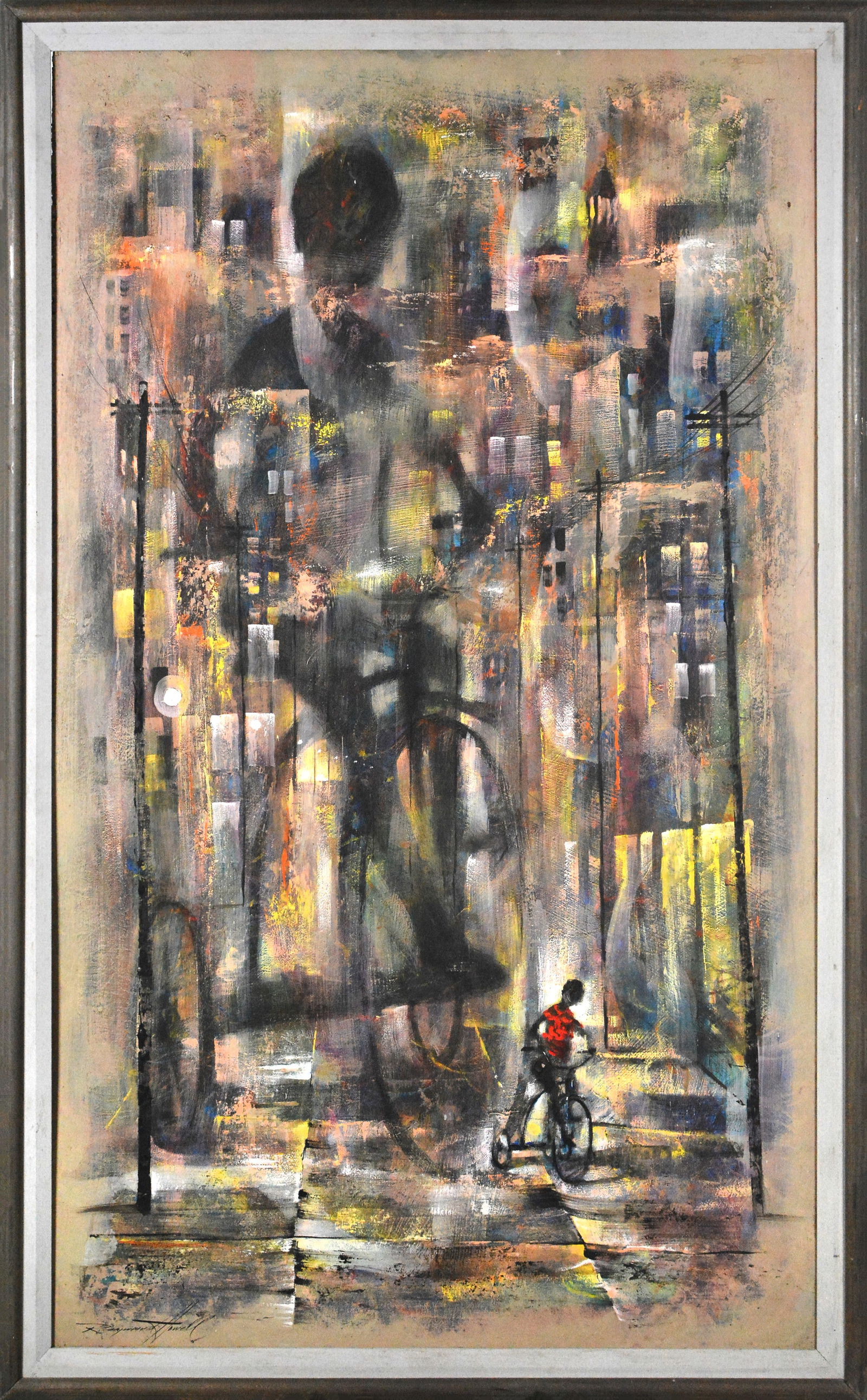 Raymond Howell Abstract Tricycle Ride Signed Framed Painting Cityscape Artwork: This lot includes a Gallery COAArtist: Raymond Howell Title: Abstract Tricycle Ride Medium: Oil on Board Size: 39" x 24" Framed: 42" x 27" Signed: Lower Left *There are old ways and new ways to do bus