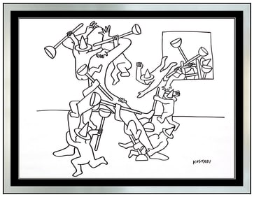 Mark Kostabi Original Ink Drawing Signed Faceless Figures Modern Framed Artwork