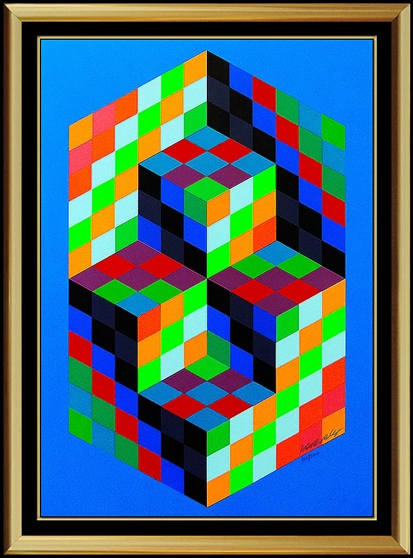 Victor Vasarely Original Hand Signed Screenprint Collage Modern Op Art Large Embossed Artwork: This lot includes:Gallery COA & in-house shipping (*insurance and international shipping for an additional charge)Artist: Victor Vasarely Title: VaarMedium: ScreenprintSize: 31" x 21" Framed: 40 x 30"