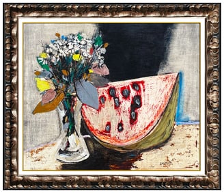 Andre Segovia Original Oil Painting on Board Watermelon Floral Still Life Signed Artwork