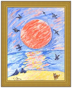 Emil Armin Original Ocean Seascape Painting on Board Signed Sunset Framed Artwork