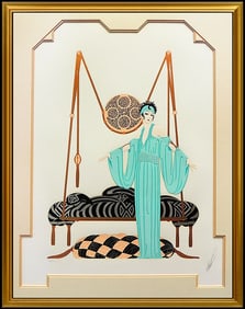 Erte Pillow Swing Large Color Serigraph Hand Signed Art Deco Costume Set Design Artwork
