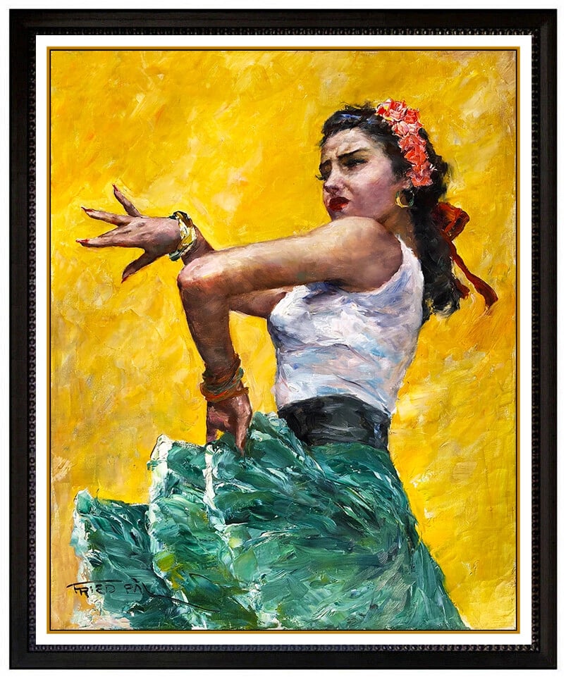 Pal Fried Large Original Oil Painting on Canvas Signed Dance Female Portrait Artwork: This lot includes:Gallery COA & in-house shipping (*insurance and international shipping for an additional charge)Artist: Pal Fried Title: Bolero Medium: Oil On Canvas Size: 30" x 24"Framed: 38" x 32"