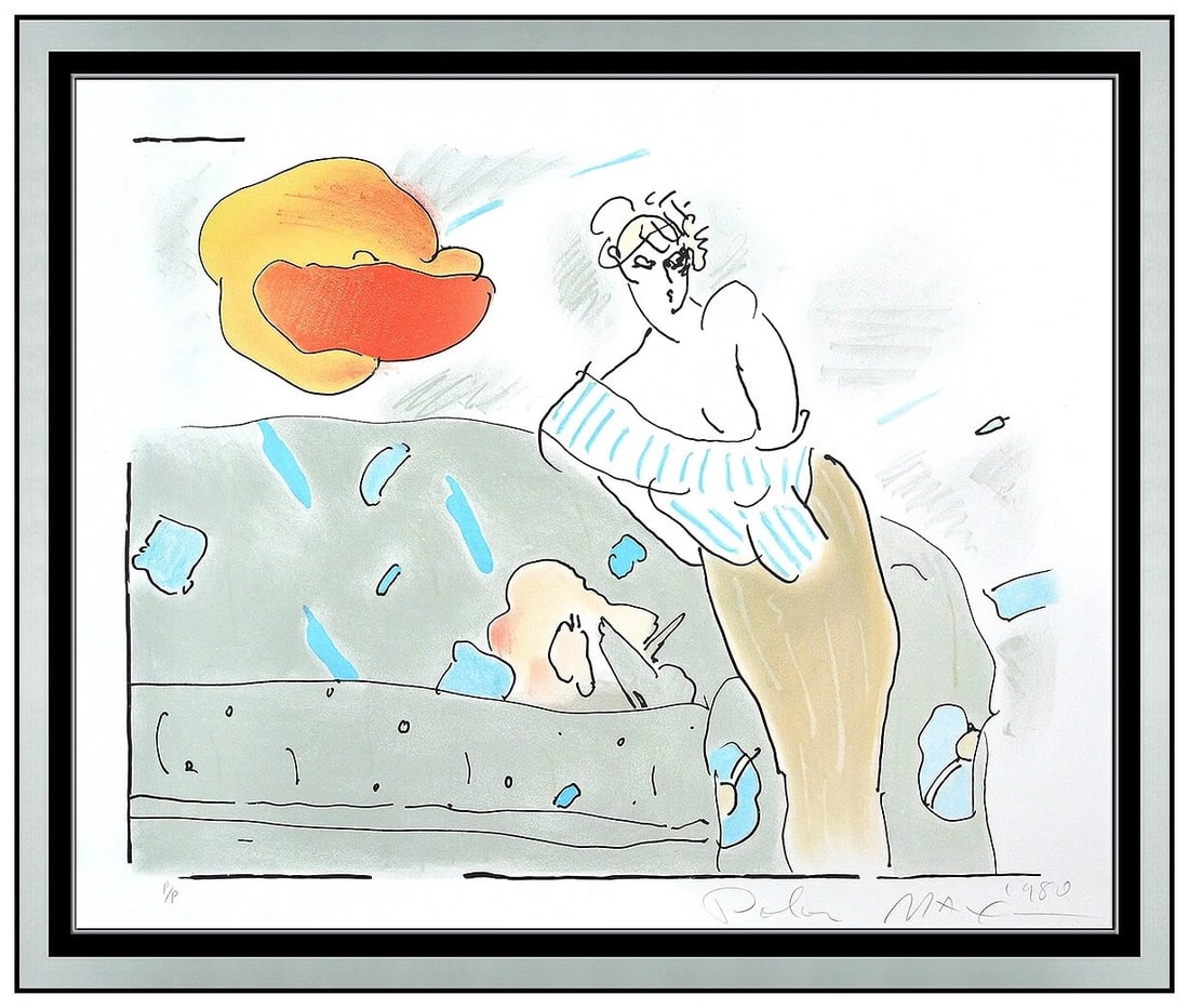 Peter Max Original Signed Color Lithograph Female Figure Flower Framed Artwork: This lot includes:Gallery COA & in-house shipping (*insurance and international shipping for an additional charge)Artist: Peter MaxTitle: Semi-Nude With Flower ZooplaMedium: LithographSize: 21 ½