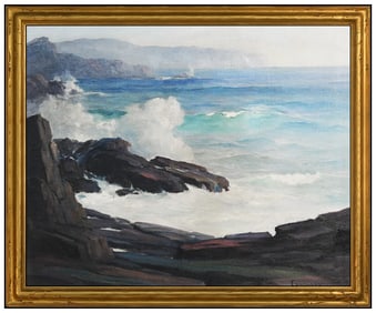 Leon Lundmark Large Original Oil Painting on Canvas Signed Seascape Framed Artwork