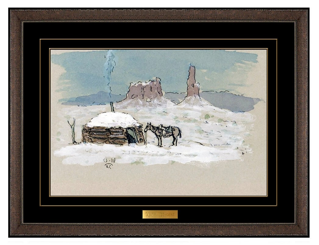 Olaf Wieghorst Original Gouache Painting Western Winter Landscape Horse Signed Artwork (1 of 5)
