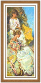 Jose Royo Junto al Mar Large Color Serigraph on Board Signed Female Portrait Framed Art