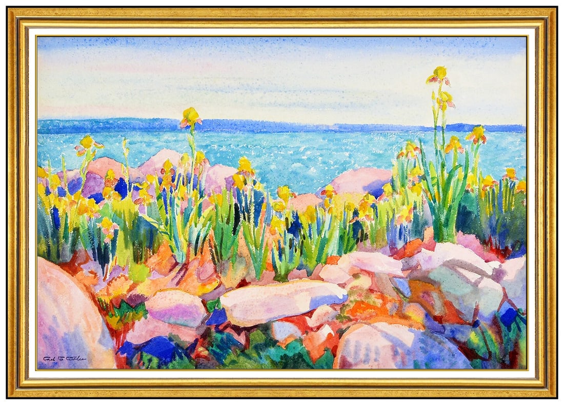 Carl Cutler Original Watercolor Painting Signed Floral Seascape Framed Art