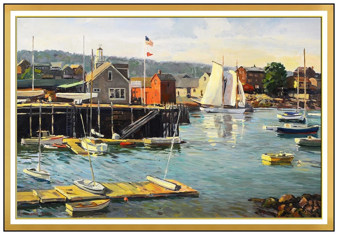 Stapleton Kearns Large Original Oil Painting on Canvas Signed Harbor Boat Art (1 of 5)