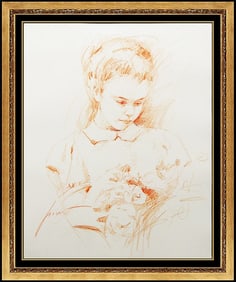Pino Daeni Original Drawing Hand Signed Child Portrait Floral Bouquet Framed Art