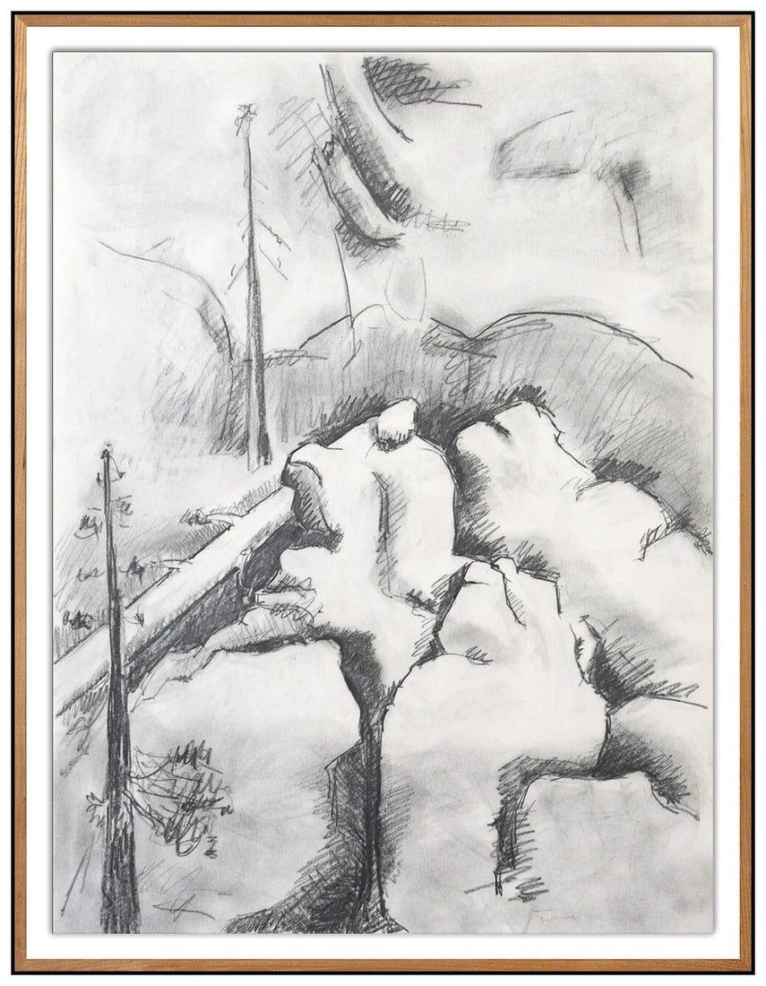 David Hare Large Original Painting Signed Mountain Landscape Rare Framed Art: This lot includes:Gallery COA & in-house shipping (*insurance and international shipping for an additional charge)Artist: David HareTitle: RocksMedium: Mixed Media painting on paperSize: 30” x 2