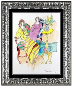 Itzchak Tarkay Original Watercolor Painting Hand Signed Café Women Figurative Art