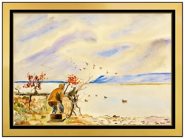 Robert Gunn Original Watercolor Painting Signed Geese Hunting Landscape Art