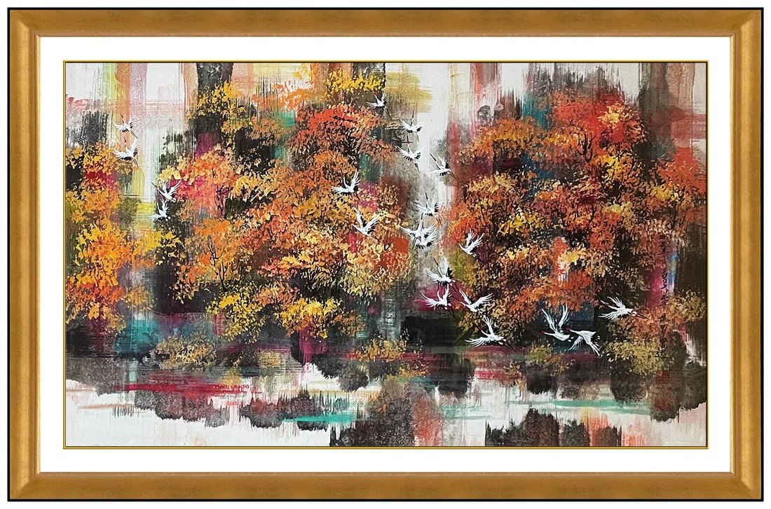 Yongqun Guo Original Gouache Painting Signed Bird Landscape Large Framed Art (1 of 5)