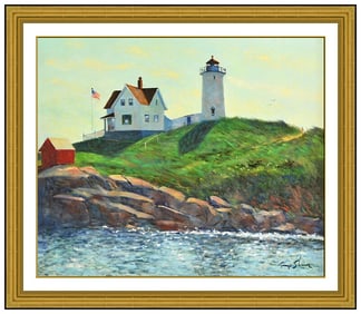 George Shawe Original Oil Painting on Canvas Signed Maine Lighthouse Landscape