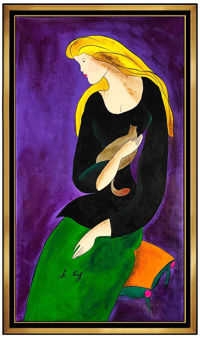 Linda Le Kinff Large Original Oil Painting on Canvas Signed Female Portrait Cat (1 of 5)