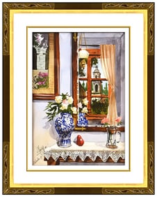 Juan Medina Original Interior Still Life Watercolor Painting Signed Framed Art