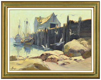 Ralph Love Original Oil Painting on Canvas Signed Gloucester Harbor Dock Art