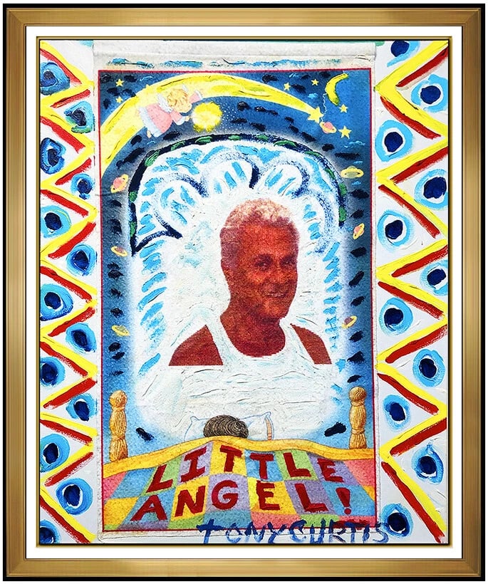 Tony Curtis Actor Original Oil Painting on Canvas Signed Self Portrait Collage Art: This lot includes:Gallery COA & in-house shipping (*insurance and international shipping for an additional charge)Artist: Tony Curtis Title: Little Angel- Self Portrait Medium: Oil Painting On Canvas
