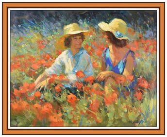 Louis Van Der Beesen Large Original Oil Painting on Canvas Signed Floral Landscape Art