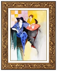 Itzchak Tarkay Original Watercolor Painting Signed Female Cafe Portrait Framed Art
