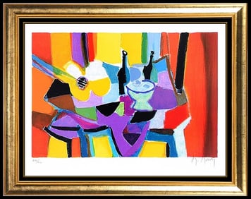 Marcel Mouly Original Color Lithograph Hand Signed Guitare Jaune Still Life Art