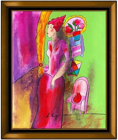 Linda Le Kinff Original Oil Painting on Canvas Signed Female Portrait with Cat Modern Art