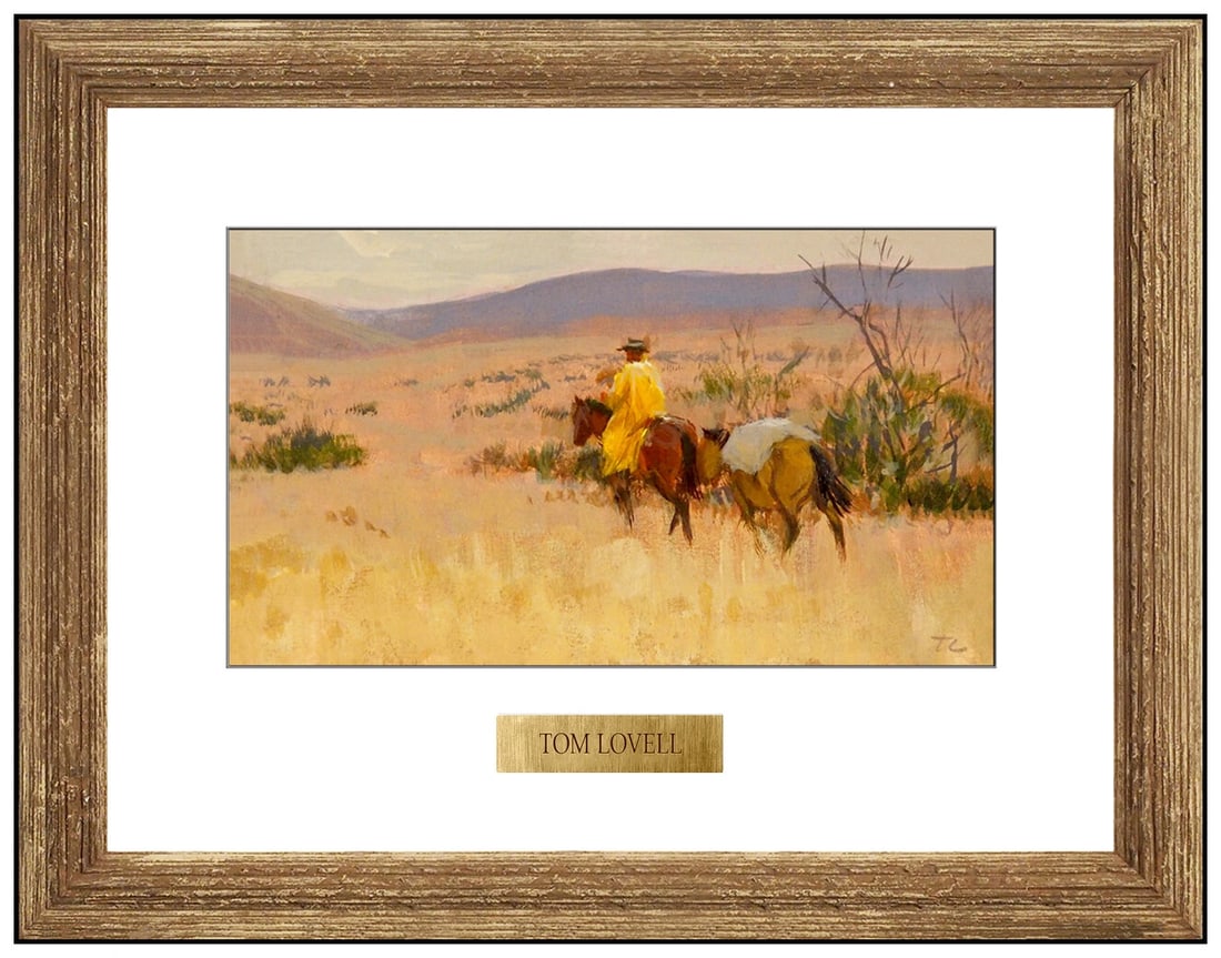 Tom Lovell Original Gouache Painting Signed Western Cowboy Horse Landscape: This lot includes:Gallery COA. In-house shipping available (insurance and international shipping for an additional charge).Artist: Tom Lovell Title: Lone Cowboy Medium: Gouache PaintingSize: 3" x 5.5"