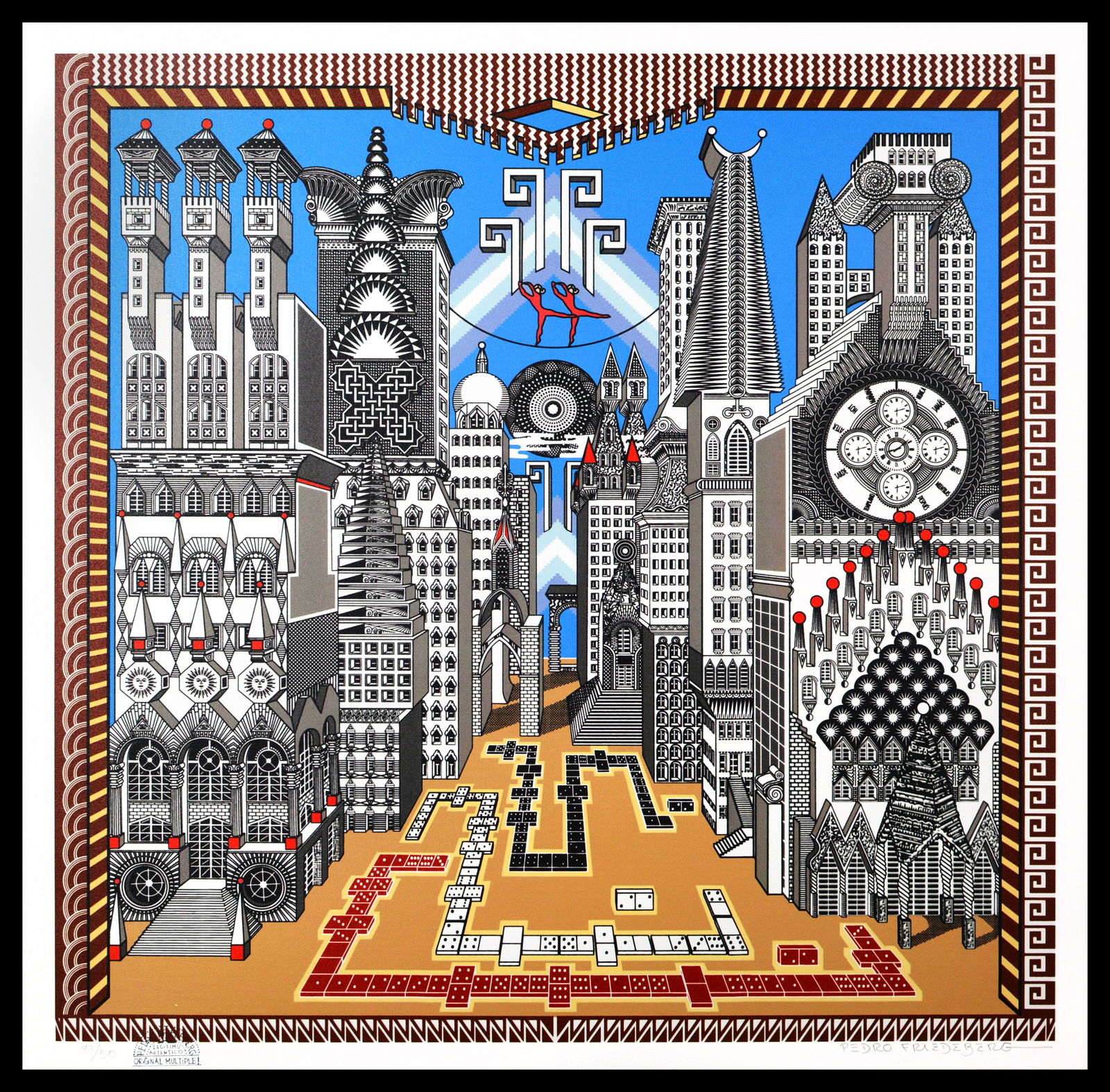 Pedro Friedeberg Malabaristas Parapsicologicos Color Serigraph Signed Geometric Cityscape Artwork: This lot includes a Gallery COAArtist: Pedro Friedeberg Title: Malabaristas Parapsicológicos II Medium: Color Serigraph Size: 24.5" x 24.5" Signed: Lower Right Number: 43 of 50 *There are old ways an