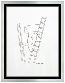 Mark Kostabi Original Faceless Figure Ink Drawing Signed