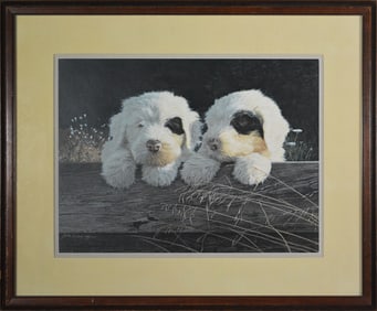 John Weiss Old Sheep Dog Pups Lithograph Signed Artwork