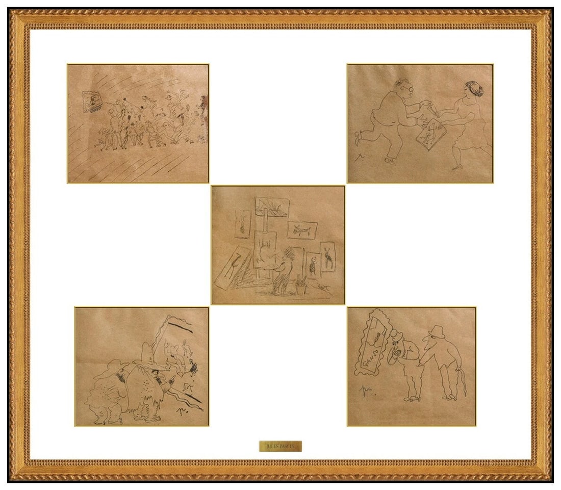 Jules Pascin Original Ink Drawing Illustration Portrait Signed Framed (Set of 5): This lot includes:Gallery COA. In-house shipping available (insurance and international shipping for an additional charge).Artist: Jules PascinTitle: The Artist's GangMedium: 5 Ink Drawing Illustratio