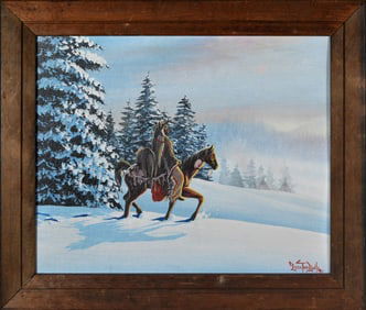 Loren Two Bulls Oil Painting On Canvas Winter Landscape