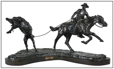 Harry Jackson Bronze Sculpture Bustin One Steer Roper Horse Western Signed
