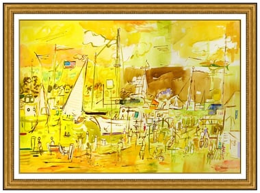Francis Chapin Original Gouache Painting Harbor Sailboat Landscape Signed Framed