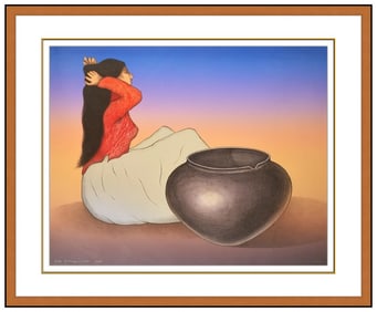 R.C. Gorman Original Color Lithograph Pueblo Jar Female Figure Signed Framed
