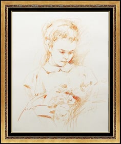 Pino Daeni Original Drawing Signed Child Portrait Floral Bouquet Framed Artwork