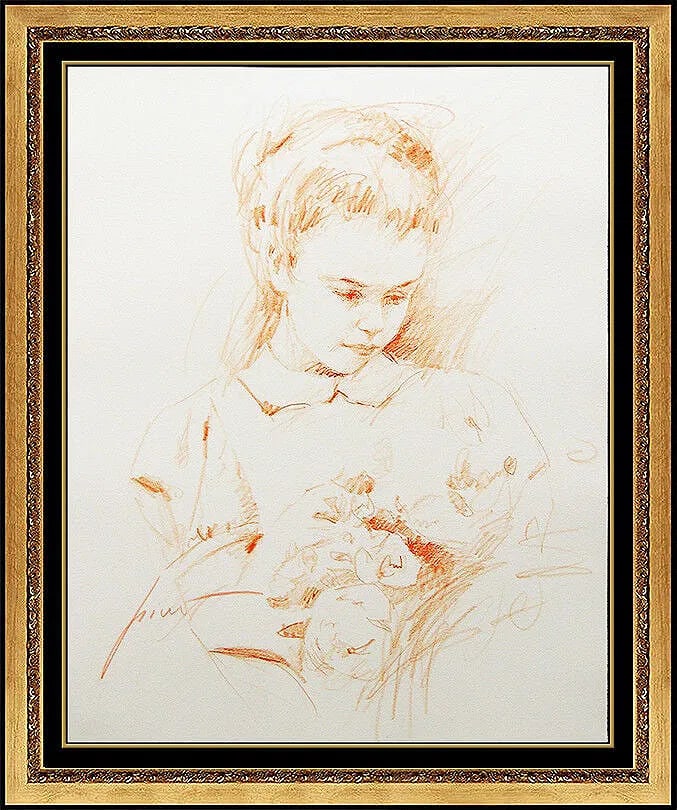 Pino Daeni Original Drawing Signed Child Portrait Floral Bouquet Framed Artwork (1 of 4)