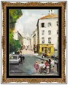 Jules R Herve Original Oil Painting on Canvas Signed Paris Cityscape Framed Art