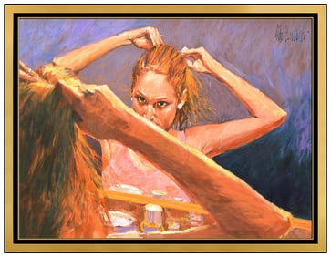 Aldo Luongo Large Original Oil Painting on Canvas Signed Female Portrait Framed Art