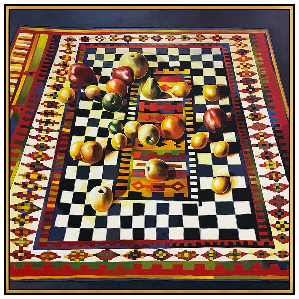 Lowell Nesbitt Large Original Oil Painting on Canvas Signed Fruit Still Life Art: This lot includes:Gallery COA. In-house shipping available (insurance and international shipping for an additional charge).Artist: Lowell Nesbitt Title: Fruit on Checkered RugMedium: Fruit on Checkere